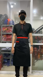 Trọn bộ đồng phục tạp dề ĐEN  Áo thun polo + Nón kết nửa đầu + Tạp dề ngắn viền đỏ vải kaki | Hàng đẹp sẵn nhiều
