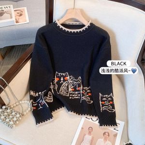 เพลิดเพลินไปกับเสื้อสเวตเตอร์ถักทรงเข้ารูปสัมผัสสีสันสดใสสําหรับผู้หญิงที่มีคอกลมต่ําและเสื้อสวมหัวแขนยาวอเนกประสงค์พร้อมลวดลายการ์ตูนแอนิเมชั่น