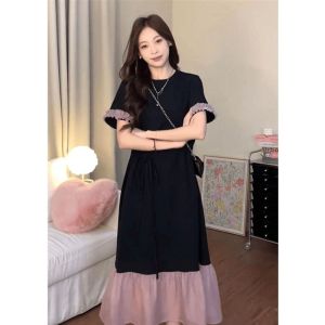 [40-150kg] plus size summer new loose casual short sleeved dress with mesh splicing fish tail