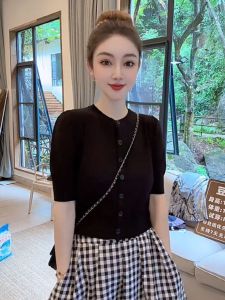 Áo Len Dệt Kim Lụa Mỏng Cổ Tròn Cho Nữ Mùa Hè 2024 Áo Len Cardigan Dáng Ôm Ngắn Thời Trang Thường Ngày Bằng Vải Cotton Pha Trộn