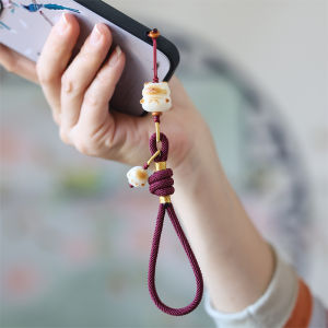 Handmade Beaded Phone Strap with Cat Paw Pendant White Jade Charcoal Burnt Attraction Female Mobile Phone Accessories