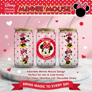 Disney | 1pc 16oz Disney Minnie Mouse Borosilicate Glass Tumbler with Lid & Straw Cute Summer Cup for Iced Coffee Juice Perfect Gift