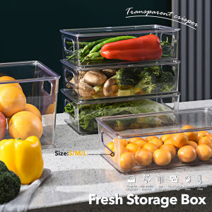 Acrylic Kitchen Refrigerator Storage Box Keep Fresh Stackable Food Storage Fridge Container with Handle Pantry Countertop Storage Bin Vegetable Fruit Container Meat Fish Drain Storage Boxes Fridge Organizer