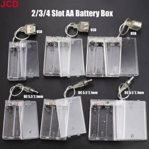 JCD 1pc DC5.5*2.5mm USB Socket AA Clear Battery Box Case With Cover ON/OF Switch 2/3/4 Slot AA Battery Holder Storage Case