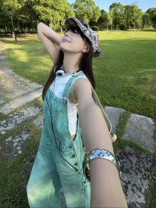 Classic Loose Fit Mint Green Denim Overalls Women Summer New Style Casual Wide Leg Jumpsuit High Waist Jeans Fabric Trousers