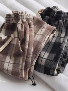Big Sale Leak-Picking Thick Plaid Pants Womens Autumn Winter Retro Straight-leg Casual Loose Pants Easiest for Match Slim Looking Sports Jogger Pants
