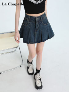 Váy Ngắn Denim Chữ a Cạp Cao La Chapelle Cho Nữ Mùa Hè Cổ Điển Màu Xanh Lam Đa Năng Váy Ngắn Xếp Ly Ngắn