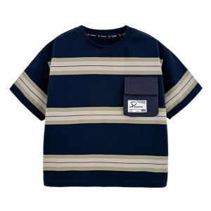 Paitang Kids Loose Striped Short Sleeve T-shirt Boys Summer Fashionable Cotton Polyester Blend round Neck Top for Ages 3-12