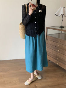 Peacock Blue Cotton Linen Asymmetrical Hem Skirt Womens Autumn New Retro Straight Cut One Step Skirt Drapey Simple Wrap Skirt