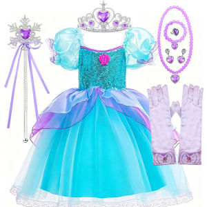 Girls Puff Sleeve Mermaid Ocean Princess Fancy Dress Sequin Shell Layered Tulle Tutu Dress Halloween Party Costume