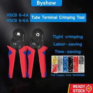Byshow HSC8-6-4A/6-6A Professional Crimper 0.25-10mm² Tubular Terminal Crimping Tool cable lug crimper tool with Ratchet Mechanism High Carbon Steel Electrician Pliers for AWG23-7 Wires Anti Slip Handle Pressure Adjustable