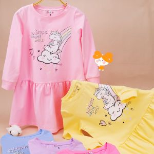 Váy bé gái mùa thu tay dài Kỳ Lân Unicorn Bomines đầm thun cotton cho bé từ 3- 12 tuổi 12- 36kg DTDUNICORNCAUVONG