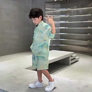 ชุดเด็กผู้ชายชุด Hanfu ฤดูร้อนปี 2025 หัวเข็มขัดชุดสองชิ้นสไตล์จีนชุด Tang ชุดถังเด็ก ฤดูใบไม้ผลิและฤดูร้อน