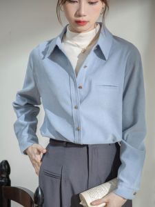 Blue Flocking Womens Shirt Spring Autumn New Style Slimming Professional Commuting Top Layer Base Underwear Polo Collar Long Sleeve