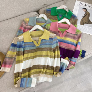 Áo Len Dệt Kim Cổ Polo Sọc Dài Tay Ôm Vừa Vặn Cho Nữ Mùa Xuân Thu Thời Trang Công Sở Màu Sắc Độc Đáo Áo Khoác Ngoài