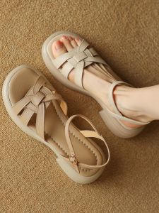 Womens Summer 2024 Open-Toe Leather Sandals Thick Bottom Woven mid Heel Soft Bottom Roman Buckle Casual Fashion Loafers