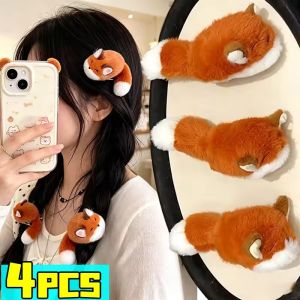 4Pcs Cute Fluffy Fox Bangs Hair Clips 3D Plush Animal Barrettes Non Slip Side Hairpins Kawaii Headwear for Women Girls