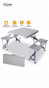 Olson Folding Picnic Table with 4 Built-in Seats | Heavy Duty Aluminum Alloy Portable Camping Table with Umbrella Hole Easy to Carry for Outdoor & Indoor Use