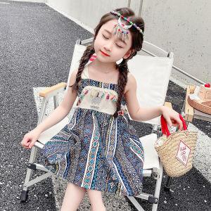 Girl Ethnic Style Dress 2023 Summer Children Stylish Houndstooth Suspender Dress Princess Dress Childrens Clothing