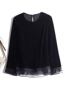 European Station Black Elegance Fancy Pleuche Shirt Womens Autumn New Lace Patchwork Loose Plus Size Tops