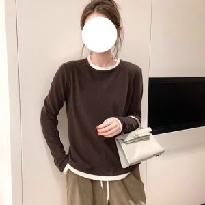 plus Size Slimming Base Layer Shirt Long Sleeve Conceal Meat Fake Two-Piece Thin T-Shirt Korean Style round Neck Loose Fit