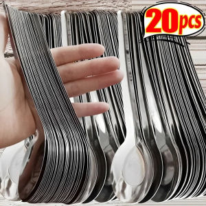 【Swan Home】20Pcs Stainless Steel Flat Spoons Metal Soup Rice Dinner Spoon Ice Cream Candy Dessert Coffee Teaspoon Kitchen Scoops Tableware