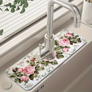 Beautiful Rose Sink Splash-Proof Faucet Mat Kitchen Water-Absorbing Table Mat Countertop Waterproof Protective Mat Bathroom Mat