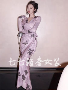 Gentle Purple One-Piece Wrap Dress Chinese National Style Tea Break Skirt New 2024 Spring Vintage Style Seven Sleeve Length