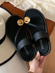 Thời Trang Sành Điệu Phong Cách Hàn Quốc Dép Xỏ Ngón Có Khóa Vàng Nữ Dép Mùa Hè Thoải Mái Thoải Mái Giày Đi Biển Trơn Có Dây Đeo Chữ T
