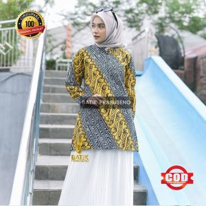 BAJU BLOUSE BATIK WANITA KERJA TERBARU MOTIF KANZA BATIK PRABUSENO BAHAN KATUN ZIPPER DEPAN LAPIS PURING ERO