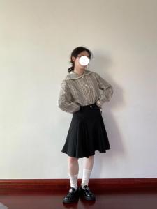 Fall Season Womens High Waist Long Sleeve Navy Collar Shirt And Skirt Two-Piece Set Fashionable Ensemble for Young Adults