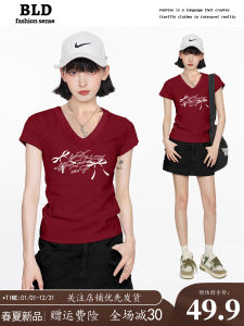 American Style Red V-neck Bows Shoulder Short-Sleeved T-shirt Womens Summer Silm Short Waist Trimming Printing Tops Dopamine