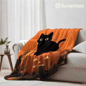 Beast Kingdom | Black Cat On Pumpkin Soft Warm Flannel Blanket Lightweight Cozy Christmas Halloween Home Decor Room
