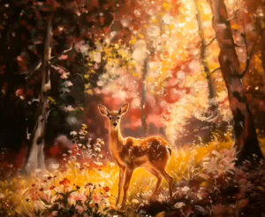 Brand: N/A Main product: Deer illustration Key attributes: Autumn setting sunlight foliage flowers Fit/use: Wall art decoration Scene: Forest woodland