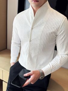 New Chinese Style Long Sleeve Slim Fit Stand Collar Shirt Mens Fashion Autumn Trend Business Casual Polyester Plain Color