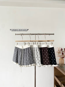 High Waist Polka Dot Ruffle Casual Pants Womens Sweet Knitted Shorts Trendy Commute Style Polyester Fiber Wide Leg Pants