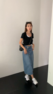 Rok Jeans Wanita Pelangsing Pinggang Tinggi Panjang Tujuh Angin Ins Baru Gaun Gaya Korea Anak Perempuan Longgar Nyaman Musim Panas