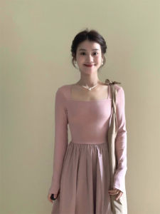 French Style Pink Splice Knitted Dress Womens Gentle Sweet Fairy Long Skirt Square Collar A-Line Dress Commute Korean Style
