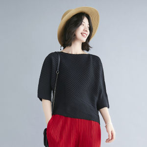 Womens Pleated Chiffon Summer Top – Irregular Sleeve Solid Blouse Machine Washable #X143