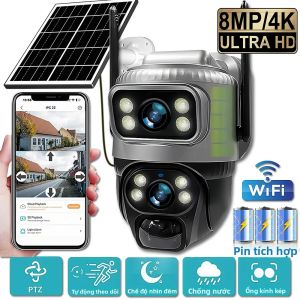 Camera Năng Lượng Mặt Trời Không Dây 8MP 4K Ngoài Trời Camera Kép Xoay PTZ Wifi IP CCTV An Ninh Với V380 Pro Tầm Nhìn Ban Đêm Chống Nước Chống Chịu Thời Tiết