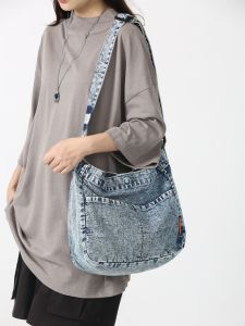 Japanese Style Canvas Retro Shoulder Crossbody Tote Bag Womens Casual Pure Color Denim Bag Minimalist All-Match Cloth Bag