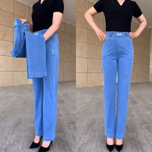 Summer New High Waist Thin Denim Jeans Womens Elastic Slimming Ice Silk Loose Straight Leg Long Pants Commute Korean Style