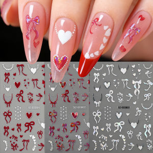 1/3Pcs Red White Bowknot Heart Nail Stickers Love Ribbon Dot Chains Self-Adhesive Nails Decals Romantic Wedding Manicure Sliders