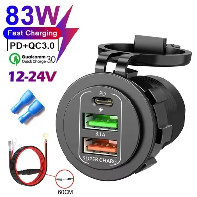 Car Charger Socket PD 30W QC3.0 USB C Ports Waterproof with Voltmeter 83W Fast Charging 12V/24V For Motorcycle Truck RV Boat