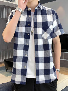 Mens Plaid Shirt Jacket Short Sleeve Workwear American Retro Summer Fashion Brand Clothes Loose Fit Button Decorated Breathable