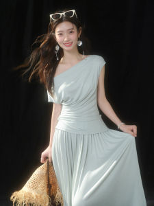 Versatile Off-shoulder Fitted Top and A-line Long Skirt Set with Lyocell