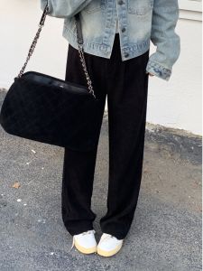 กางเกงขายาวทรงหลวมเอวสูงทรงหลวมผ้ากำมะหยี่สไตล์ยุโรปสำหรับผู้หญิง กางเกงขายาวทรงตรงทรงหลวมสำหรับผู้หญิง