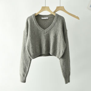 สไตล์อเมริกัน คอวี แขนยาว เสื้อสเวตเตอร์ นุ่ม ใส่สบาย หลวม ลำลอง ถักสั้น ผู้หญิง ด้านบน สตรีทสไตล์ โพลีเอสเตอร์ ไฟเบอร์