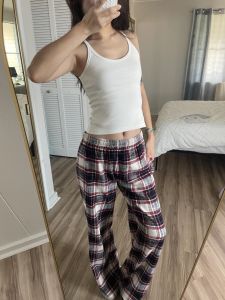 American Style Low Waist Plaid Wide Leg Pants Womens Pure Cotton Flocking Home Leisure Floor-Length Trousers