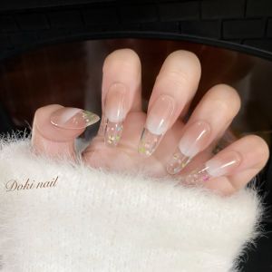 Handmade Gradient Floral Sea Wearable Nail Art French Style Spring New Arrival White Enhancing Nail Tips Finished Stickers